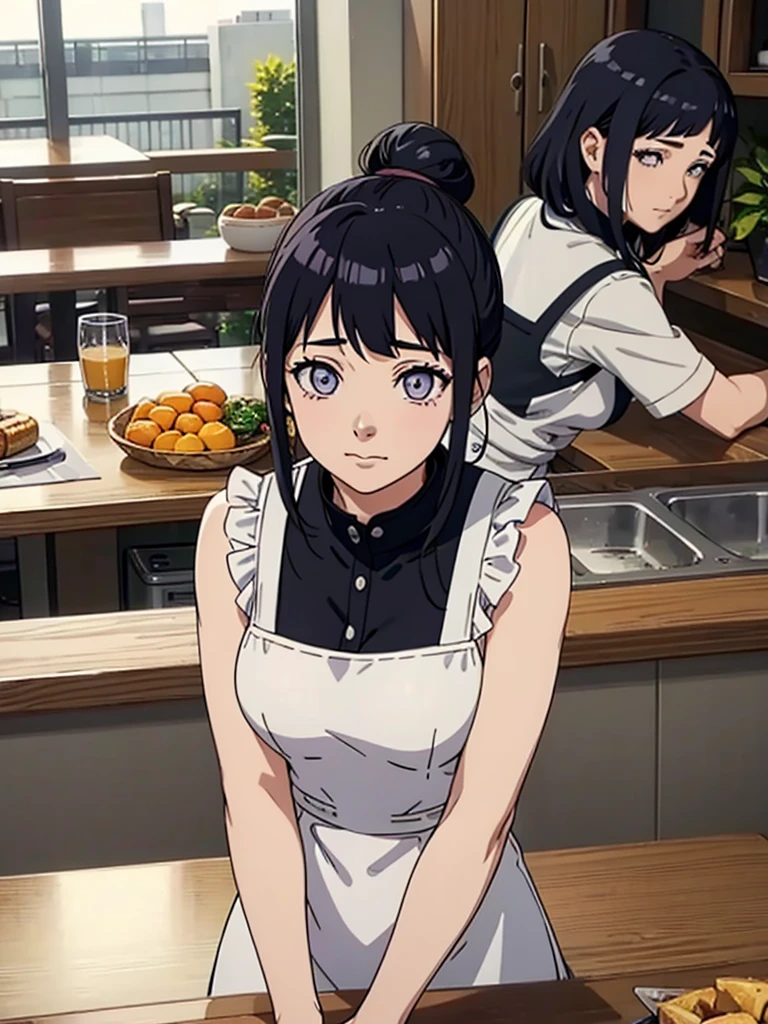 cafeteria、atmosfera tranquila、1 female(cafeteriaの店主、(looking 35 years old、woman like Hinata Hyuga married、Beauthfull:1.2)、the other side of the counter、Blue-black hair、Hair tied in a bun with clips、Pearly eyes、offwhiteＹchemise、Short apron)、ssmile、