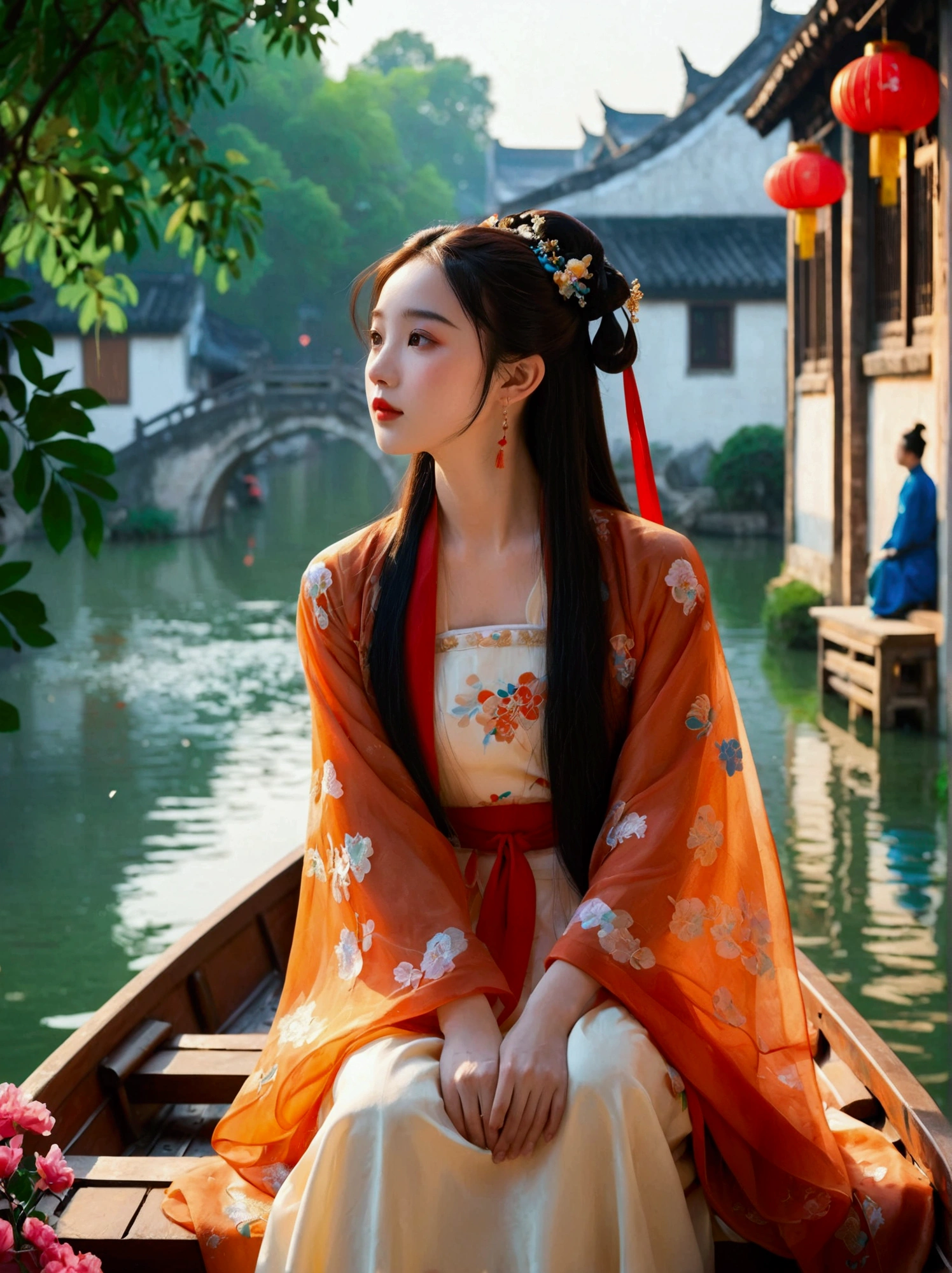 (8k，bright颜色，bright，Ultra high saturation，rgb, rich and colorful), cartoon, role conception, Surreal photos，Fantasy Garden，Aesthetic healing，moon，Star，Beautiful and poetic，Minimalism平面插画，Jiangnan countryside in summer，Beautiful modern Wuzhen，Beautiful long-haired girl sitting in a boat，Wearing modern Hanfu，Behind is a crowded stone bridge，Super happy，joy，The skyline in the distance，A fusion of ancient and modern，Bustling tourist crowd，Full of poetry，Clean background，Dynamic，Hazy feeling，Layering，Has a stunning visual effect，Fascinating lighting，Bright and vivid colors，Chiaroscuro，Wu Guanzhong Style，Flat，Minimalism，high quality，High Detail，HD晰，masterpiece，masterpiece，The painting style is meticulous，Refreshing colors，HD，in the style of Pre-Raphaelite Brotherhood