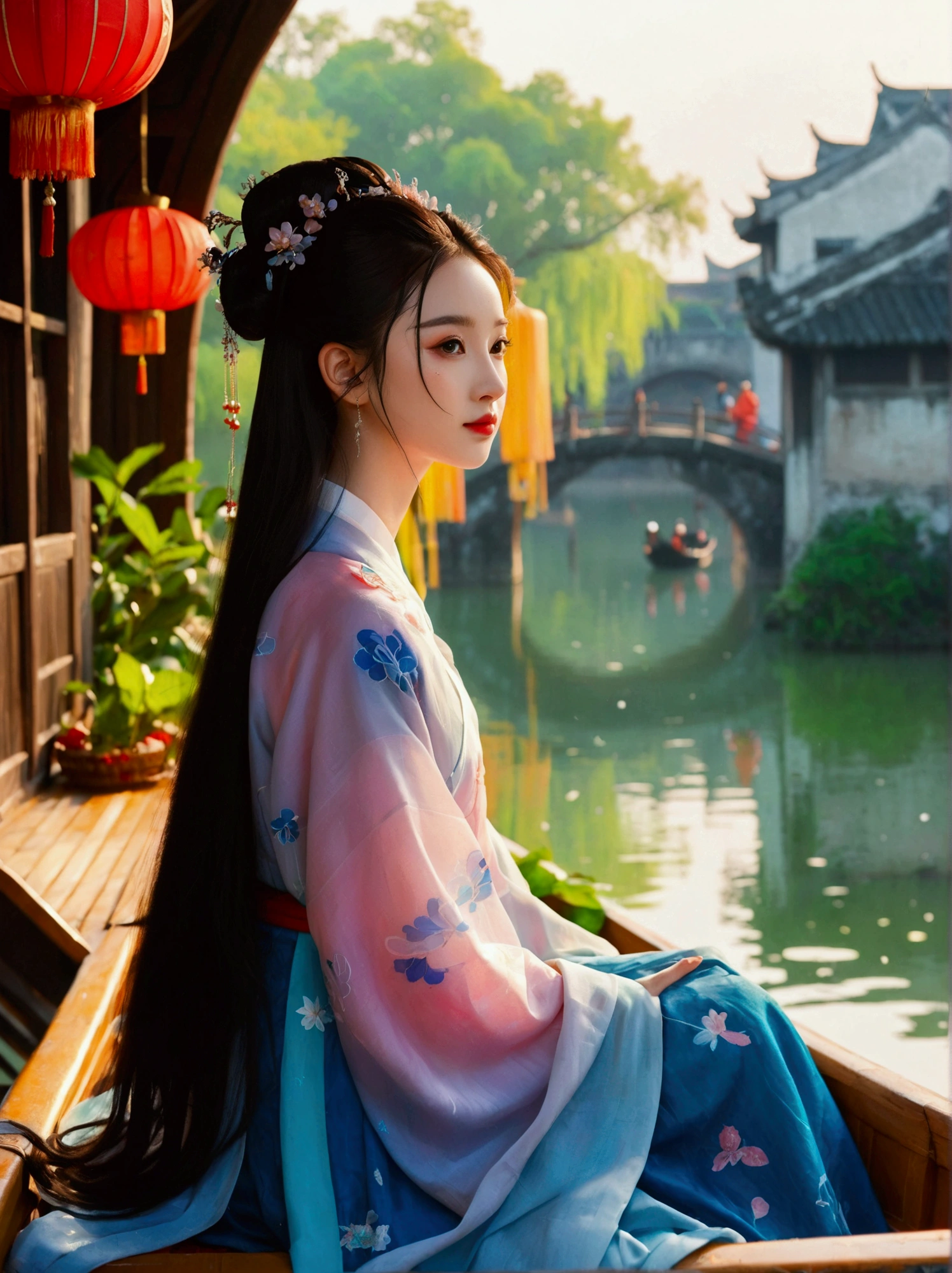 (8k，bright颜色，bright，Ultra high saturation，rgb, rich and colorful), cartoon, role conception, Surreal photos，Fantasy Garden，Aesthetic healing，moon，Star，Beautiful and poetic，Minimalism平面插画，Jiangnan countryside in summer，Beautiful modern Wuzhen，Beautiful long-haired girl sitting in a boat，Wearing modern Hanfu，Behind is a crowded stone bridge，Super happy，joy，The skyline in the distance，A fusion of ancient and modern，Bustling tourist crowd，Full of poetry，Clean background，Dynamic，Hazy feeling，Layering，Has a stunning visual effect，Fascinating lighting，Bright and vivid colors，Chiaroscuro，Wu Guanzhong Style，Flat，Minimalism，high quality，High Detail，HD晰，masterpiece，masterpiece，The painting style is meticulous，Refreshing colors，HD，in the style of Pre-Raphaelite Brotherhood