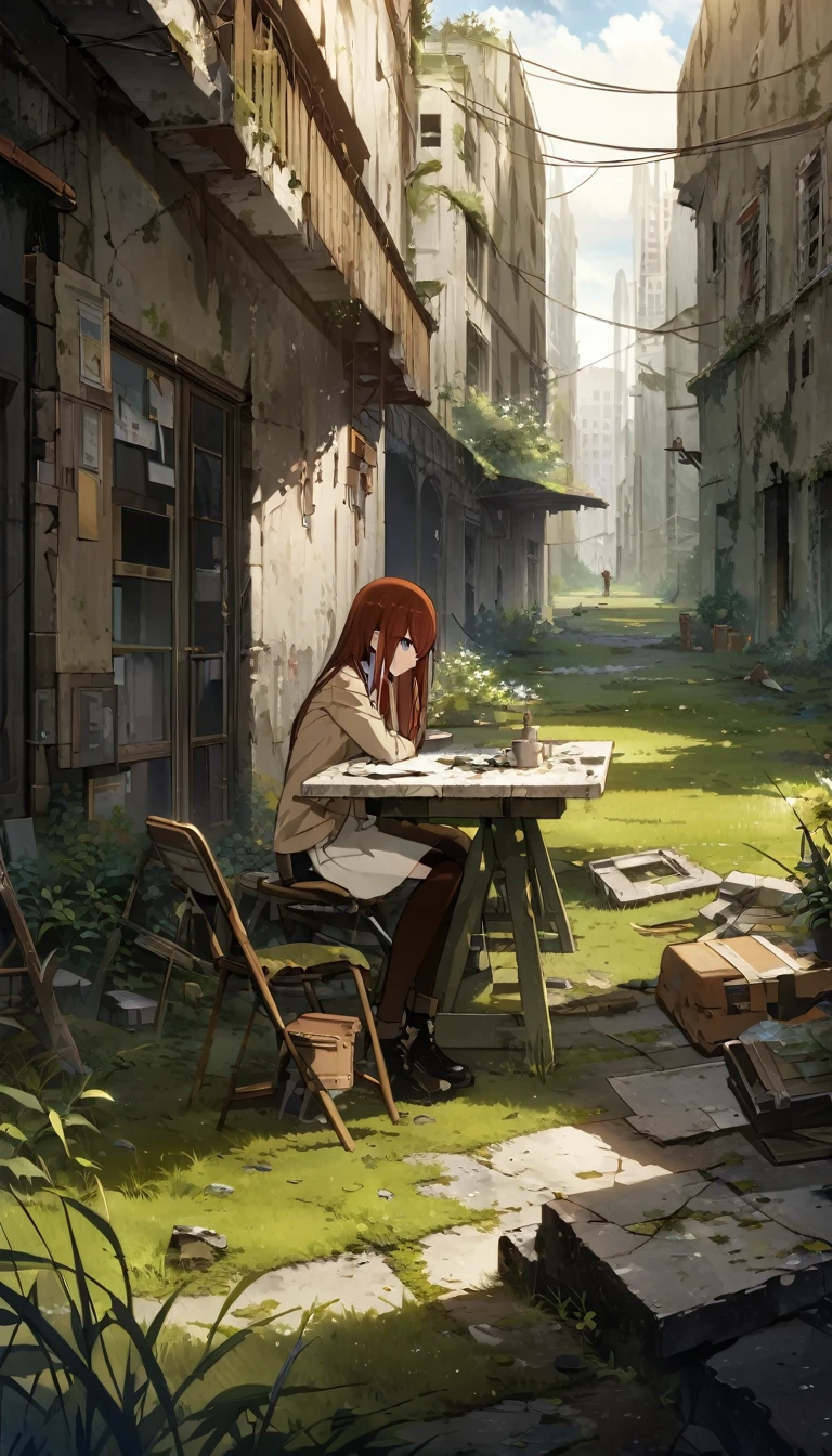 One girl, (makise kurisu, Steinsgate),(((masterpiece))), ((Highest quality)), (Super Detail), (CG illustration), (so beautiful)), Concept art of a post-apocalyptic world with ruins, Lush vegetation, Flat Chest，((The only surviving girl))，The content is very detailed,Detail view，anime，masterpiece，Dilapidated building right sun，Dilapidated classrooms，Shabby table，Broken chair，open air，(Covered in moss and grass)，three、Four&#39;Afternoon Clock，((Remains))，((A girl is sitting in a classroom and looking up into the distance)),side，uniform，Twisted Braid，Vanishing Point, Outlook, Light，Close-up shot