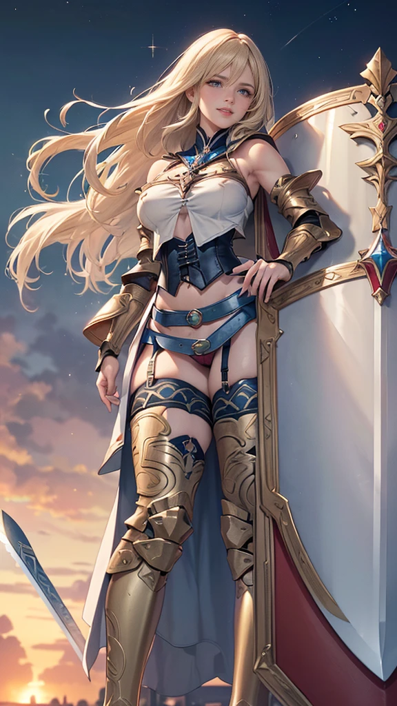 Browsing Caution,Sensual, Long blonde hair, Thick thighs, 8k, 4K, Highest quality, (High resolution:1.6), Cute anime face, Noise Reduction,Flaxen Hair、 (Sparkling Blue Eyes, A kind smile:1.3, Kind eyes:1.3)、Young Face, Anime Eyes, Asheria、(Sword in right hand:1.5)、(Equipped with a shield on the left arm:1.5)、(SFW Giant:1.9)、Large areola, Puffy nipples:1.3, tight, skinny, Long tights、Knee-high boots、(garter belt:1.5)、Beautiful Hands、Beautiful fingers、(High cut thong:1.5),squatting, spread legs,