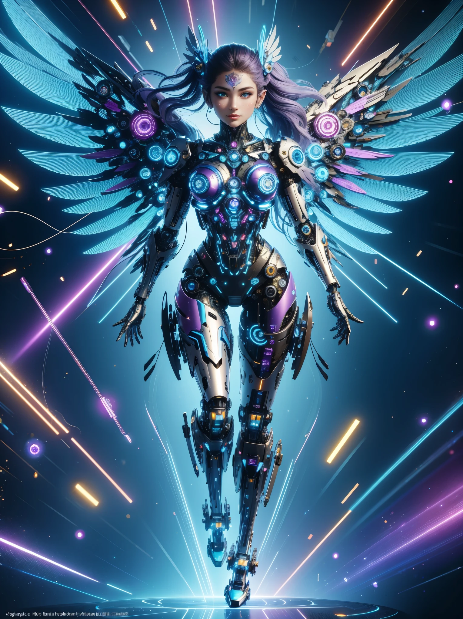 (masterpiece, best quality:1.2), Futuristic, mechanical female angel, high-tech machinery, dreamy radiance, full body, female figure, floating mid-air, intricate craftsmanship, masterpiece, glowing, neon lights, high-tech mechanical parts, mechanical fingers, mechanical wings, mechanical head, metal feathers, cool appearance, mechanical legs, biomimetic eyes, intricate feather design, dreamy radiance, electric blue, bright purple, vividly glowing eyes, reflective metallic surfaces, interlocking mechanical gears, dynamic fashion, motion blur effect, sci-fi atmosphere, aerodynamic streamlined, laser scanning patterns, holographic projection, glowing circuit lines, electric sparks, shiny chrome