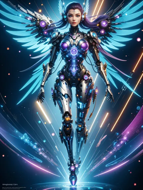 (masterpiece, best quality:1.2), futuristic, mechanical female angel, high-tech machinery, dreamy radiance, full body, female fi...