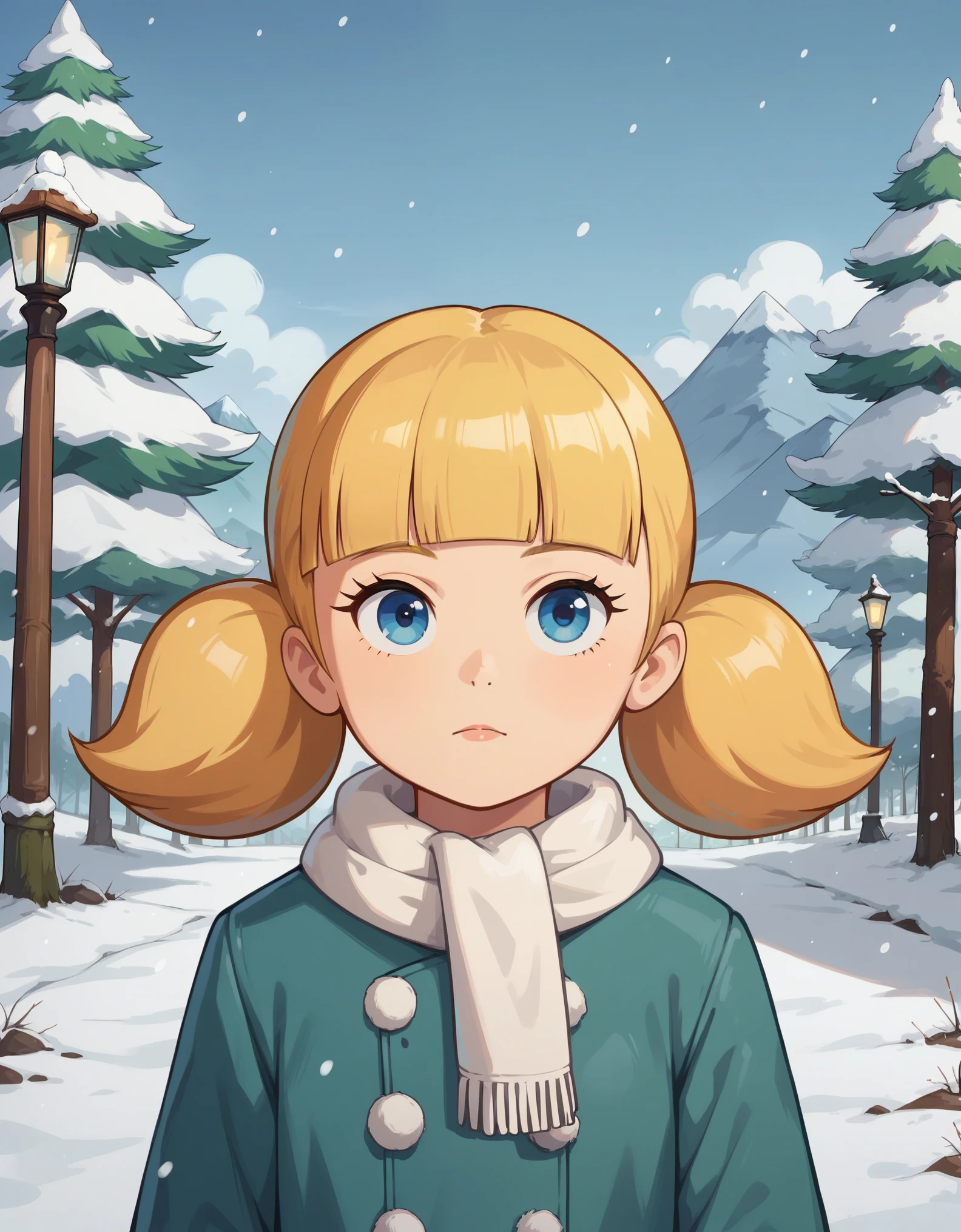 score_9, score_8, score_8_up, score_7_up, sgstyle, BREAK, 1girl, solo, female focus, 1girl, penny_ig, BREAK,
1girl, penny, blonde hair, twintails, blunt bangs, blue eyes,
winter clothes, white scarf, coat, 
expressionless, looking at viewer, outdoors, snow, snowing, solo, tree, winter  