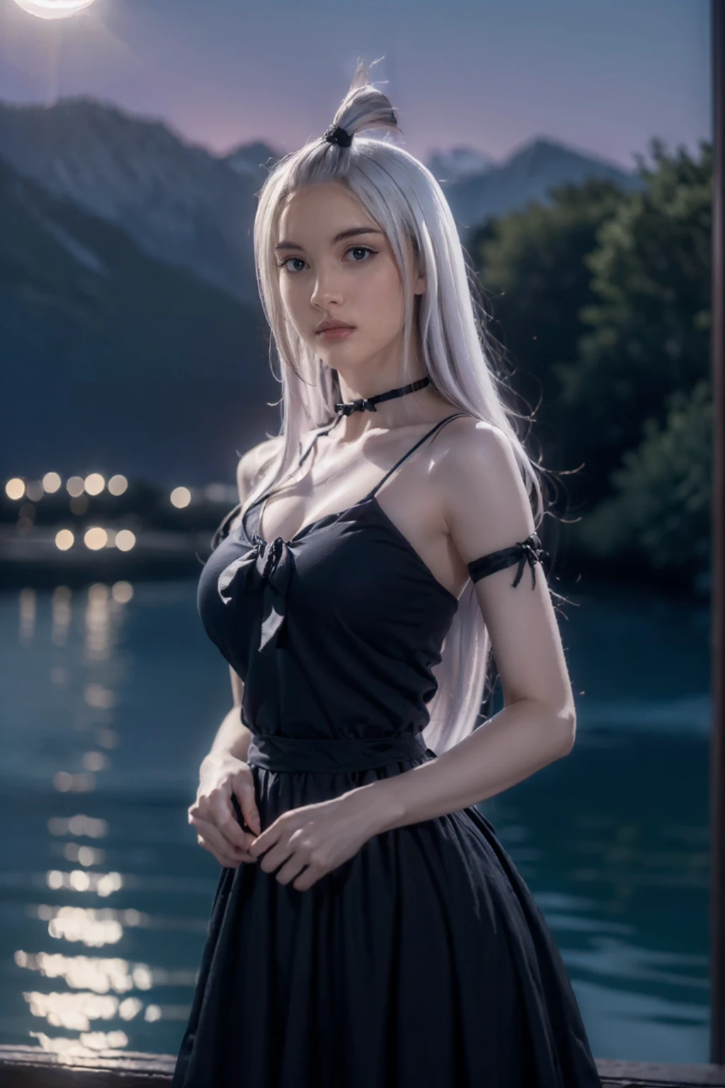 (ultra realistic,32k, masterpiece:1.2),(high detailed skin:1.1),( high quality:1.1),
eft_fairytail_mirajane, (blue eyes:0.5), cleavage, solo, long hair, choker, white hair, collarbone, dress, black dress, bare shoulders, bangs pinned back,,(looking at viewer, standing,:1.1),, huge breast,large breast,,(ambient lighting:1.1), twilight haven, twilight skies, tranquil waters, realm of mythical creatures, blurry background, miabell4, cosplay as mirajane from fairy tail