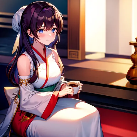 a woman sitting at the table，close-up of hand holding a cup of coffee, palace ， girl wearing hanfu, a young woman plays, beautif...