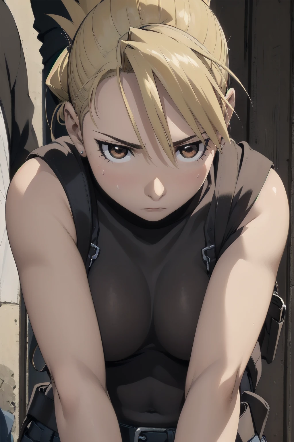 masterpiece, highest quality, High resolution, One Girl, Hamriz, ponytail, Brown eyes,big , Black Shirt, Tight shirt, holster, Short sleeve, belt, Covered navel, Blue pants,indoor、Upper body close-up、Muscular body、blush、Sweat、Composition from the front、anime、(((Close-up of a person、Facing forward)))