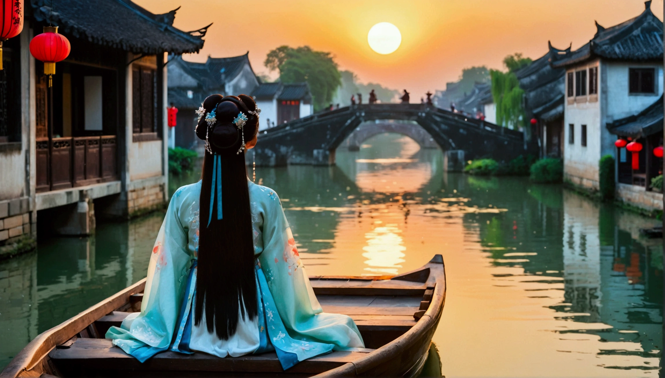 (8k，bright颜色，bright，Ultra high saturation，rgb, rich and colorful), cartoon, role conception, Surreal photos，Fantasy Garden，Aesthetic healing，moon，Star，Beautiful and poetic，Minimalism平面插画，Jiangnan countryside in summer，Beautiful modern Wuzhen，Beautiful long-haired girl sitting in a boat，Wearing modern Hanfu，Behind is a crowded stone bridge，Super happy，joy，The skyline in the distance，A fusion of ancient and modern，Bustling tourist crowd，Full of poetry，Clean background，Dynamic，Hazy feeling，Layering，Has a stunning visual effect，Fascinating lighting，Bright and vivid colors，Chiaroscuro，Wu Guanzhong Style，Flat，Minimalism，high quality，High Detail，HD晰，masterpiece，masterpiece，The painting style is meticulous，Refreshing colors，HD，in the style of Pre-Raphaelite Brotherhood