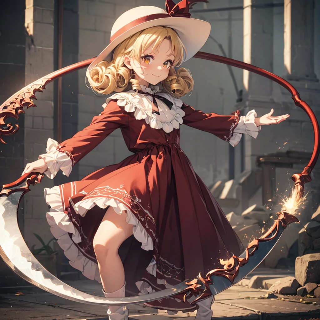 a drawing of an anime character in a red dress and boots with a large scythe, ((high end)), (UHD picture), (best quality,4k,8k,highres,masterpiece:1.2), top-quality(​masterpiece), top-quality, ultra-detailed, highly detailed texture, intricate details, high quality textures, masterpiece, best quality, perfect quality, perfect anatomy, perfect body, perfect symmetrical face, perfect hands, perfect feet, (two arms:1.2), (two legs:1.2), (five fingers each:1.2), (perfect joint:1.2), perfect joint movement, precise fingers and hands, 1 beautiful girl, 1 girl, alone, solo, , 10 years old, (((loli))), ((childish)), hat, white hat, blonde hair, long hair, parted bangs, drill hair, well-formed face, yellow eyes, maxi dress, red dress, dress, long sleeves, frills, long skirt, simple background, scythe, holding scythe, holding, white socks, smile, cute face, beautiful, holding scythe