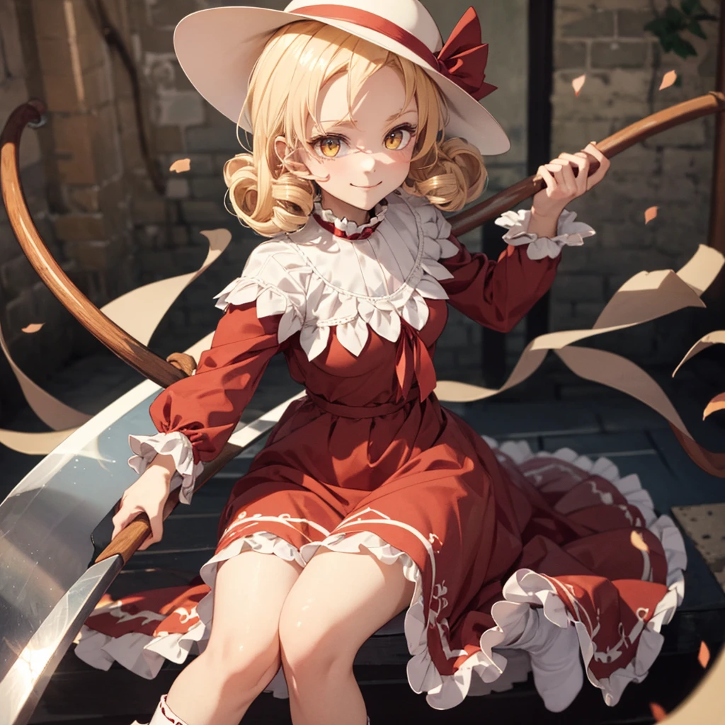 a drawing of an anime character in a red dress and boots with a large scythe, ((high end)), (UHD picture), (best quality,4k,8k,highres,masterpiece:1.2), top-quality(​masterpiece), top-quality, ultra-detailed, highly detailed texture, intricate details, high quality textures, masterpiece, best quality, perfect quality, perfect anatomy, perfect body, perfect symmetrical face, perfect hands, perfect feet, (two arms:1.2), (two legs:1.2), (five fingers each:1.2), (perfect joint:1.2), perfect joint movement, precise fingers and hands, 1 beautiful girl, 1 girl, alone, solo, , 10 years old, (((loli))), ((childish)), hat, white hat, blonde hair, long hair, parted bangs, drill hair, well-formed face, yellow eyes, maxi dress, red dress, dress, long sleeves, frills, long skirt, simple background, scythe, holding scythe, holding, white socks, smile, cute face, beautiful, holding scythe