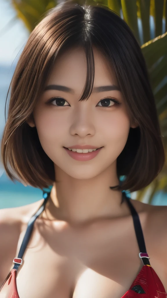 8k,Highest quality,(masterpiece:1.2),(Realistic),(Realistic:1.37),Ultra-high resolution,1 high school girl,smile,((Big Breasts)),Beautiful Eyes,(((Cute Bikini))),Tropical Beach,Perfect body,Perfect Fingers,Professional Lighting,gravure,Detailed face and skin texture,fine grain,RAW Photos