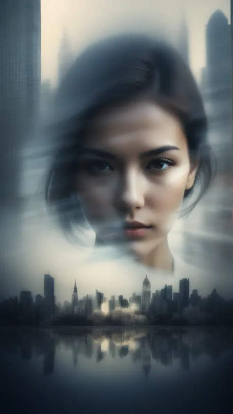 double exposure style,a city skyline on the woman face,double image ghost effect,image combination,double exposure style,1girl,,...