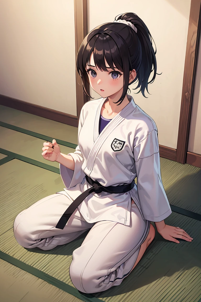 ((masterpiece, Highest quality, Very detailed, Very nice 8K CG wallpaper)), One girl, alone, Small breasts, Medium Hair, Black Hair, ponytail, Iris, Daugi, Long sleeve, Martial arts belt, White pants, barefoot, dojo, Sitting, seiza, Nice hands, Perfect hands,