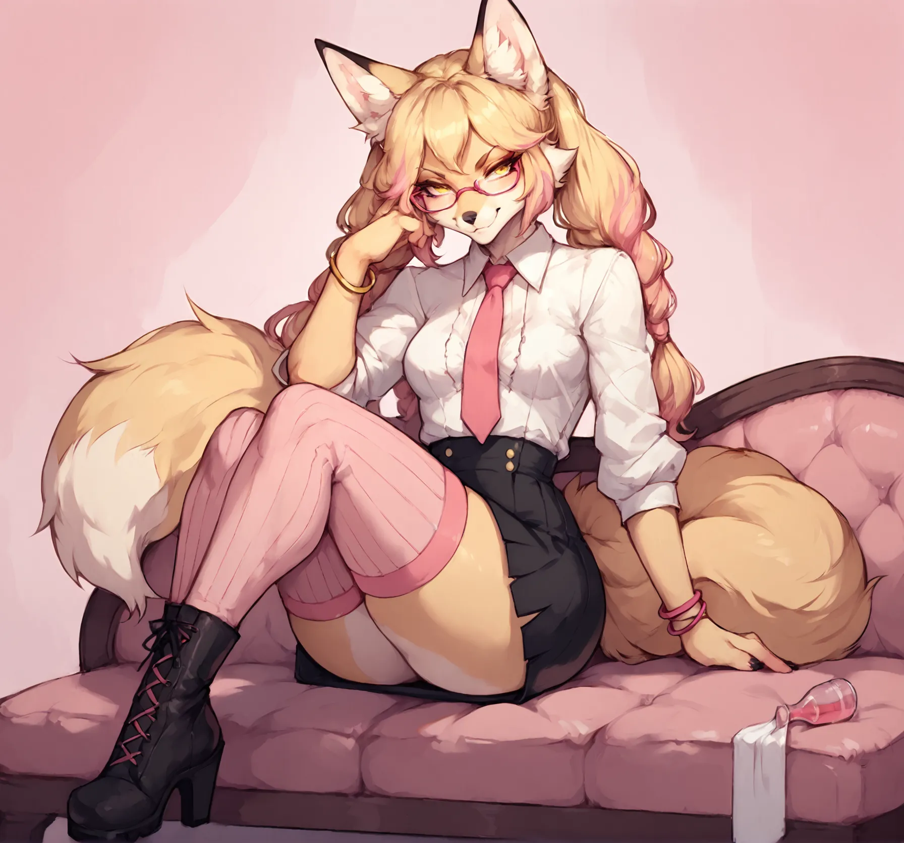 solo, score_9,score_8_up,score_7_up, kimiko, anthro, anthro furry blonde fox girl, blonde fur, long blonde hair, hair in pigtail...