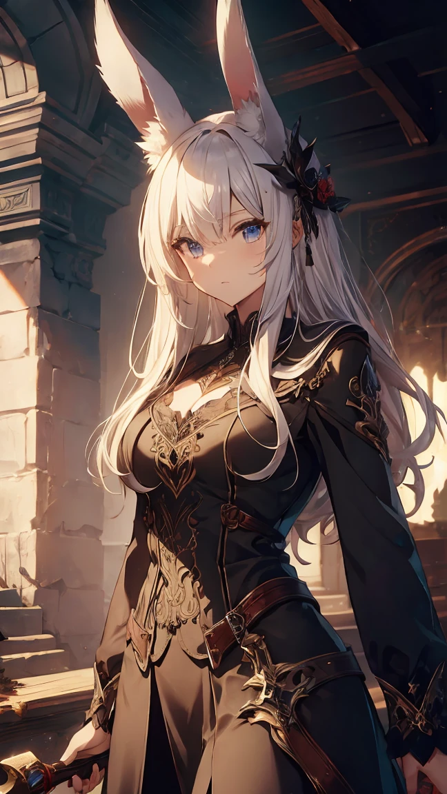 ((masterpiece:1.3)), accurate, textured skin, high details, high quality, high resolution, super detail, 1080P, detailed face, detailed eyes, rabbit ears, white hair, sidelocks, swept bangs, straight hair, shiny hair, big hair, Gothic art, cowboy shot, spear, Background (abandoned castle, old castle)