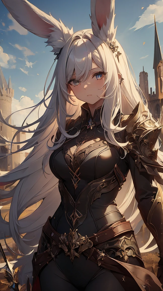 ((masterpiece:1.3)), accurate, textured skin, high details, high quality, high resolution, super detail, 1080P, detailed face, detailed eyes, rabbit ears, white hair, sidelocks, swept bangs, straight hair, shiny hair, big hair, Gothic art, cowboy shot, spear, put a spear on her shoulder, Background (abandoned castle, old castle)