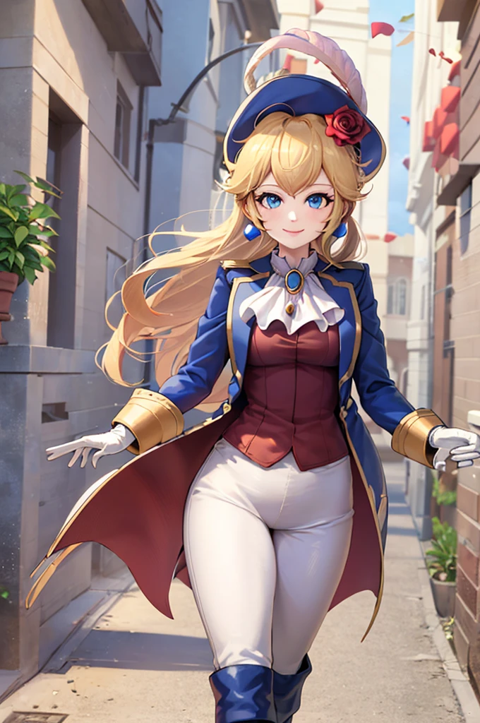 ((masterpiece,Highest quality)), Absurd, sword fighter_peach, alone, One girl, Have, Blonde, blue eyes, jewelry, Earrings, Long Hair, Rapier, Have feather, pants, Ascot, Red Rose, Have flower, ponytail, white pants, White gloves, boots, Blue jacket, Long sleeve, smile, View your viewers, Cowboy Shot,  Structure of the film,