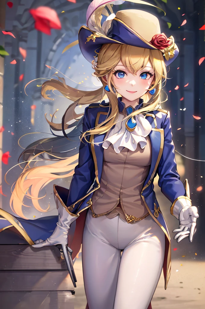 ((masterpiece,Highest quality)), Absurd, sword fighter_peach, alone, One girl, Have, Blonde, blue eyes, jewelry, Earrings, Long Hair, Rapier, Have feather, pants, Ascot, Red Rose, Have flower, ponytail, white pants, White gloves, boots, Blue jacket, Long sleeve, smile, View your viewers, Cowboy Shot,  Structure of the film,