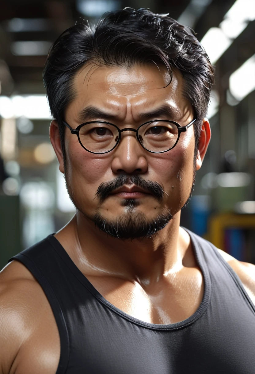 A wild plump east japanese uncle man, (55 years old daddy:1.1), 1boy, Solo, handsome, nerdy, stubbles, Short beard, small eyes,  detailed eyes:1.1, big round face shape, (Detailed face:1.3), short hair, (Best quality, A high resolution, Photorealistic), Masterpiece, in the factory,  RAW photo, Intricate details, hdr, depth of field, full body shot, macho, hunk, sweat buckets, manliness,
