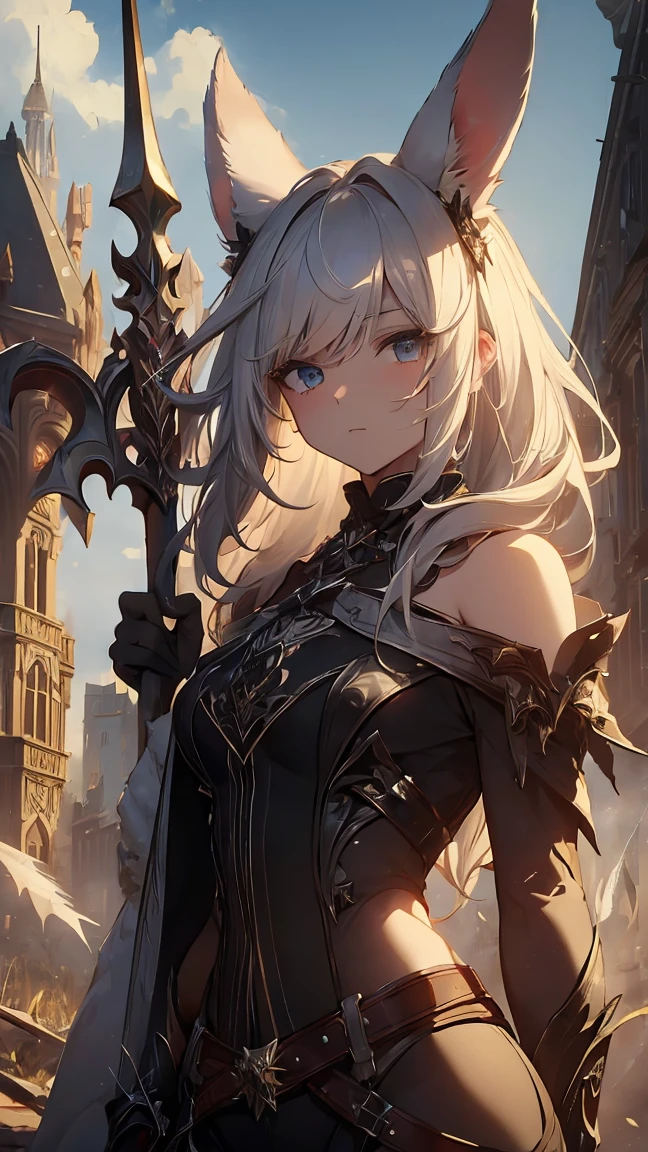 ((masterpiece:1.3)), accurate, textured skin, high details, high quality, high resolution, super detail, 1080P, detailed face, detailed eyes, rabbit ears, white hair, sidelocks, swept bangs, straight hair, shiny hair, big hair, Gothic art, cowboy shot, ((spear)), (put a spear on her shoulder), Background (abandoned castle, old castle)