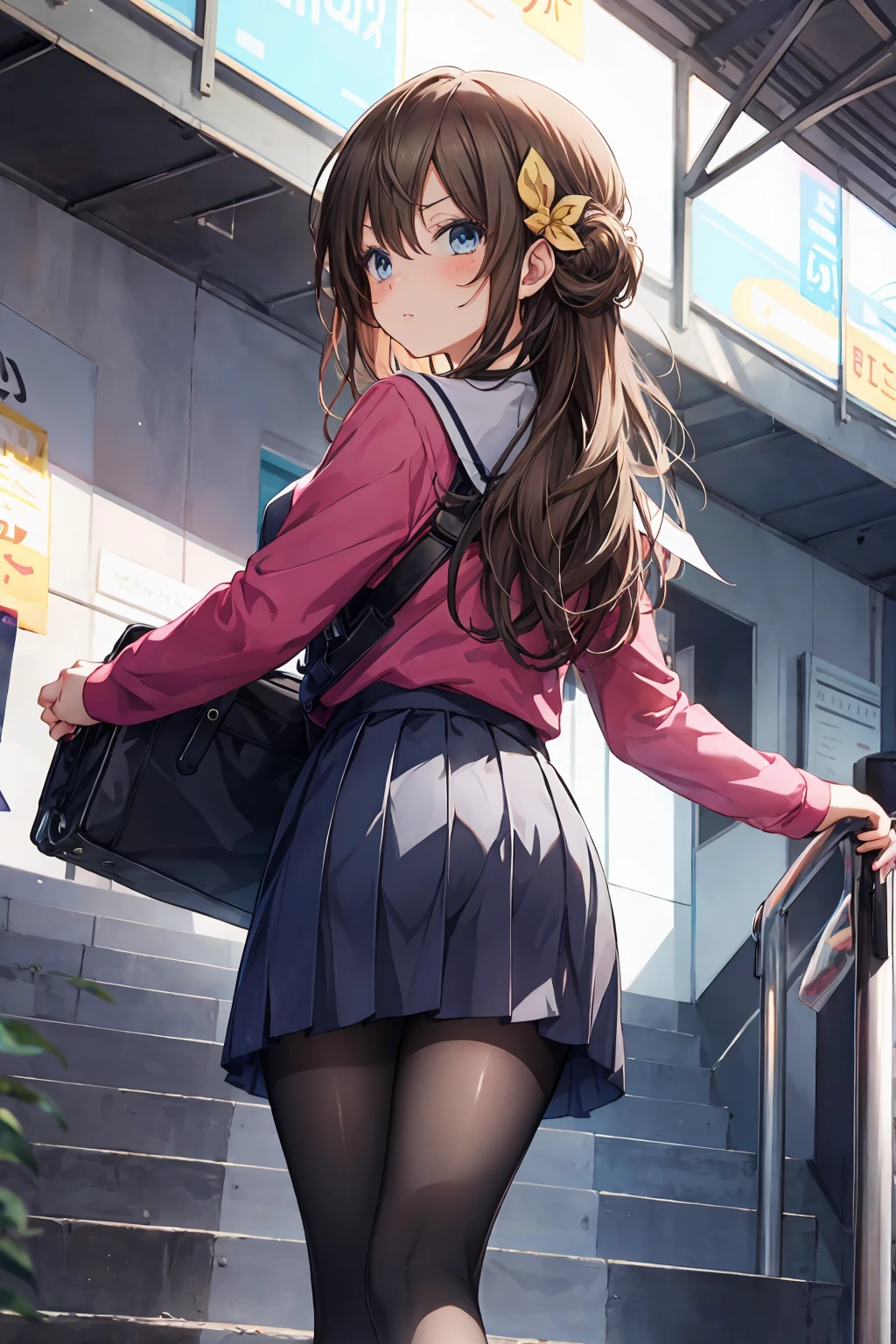 animese anime girl in skirt and blouse with suitcase walking up the stairs, 1girl, stairs, skirt, long hair,angry,blush, looking at viewer, looking back, solo, grey skirt, school uniform, pleated skirt,covering ass, blush, long sleeves, bangs,((low angle from below)),(Cover your buttocks with your hands),full body