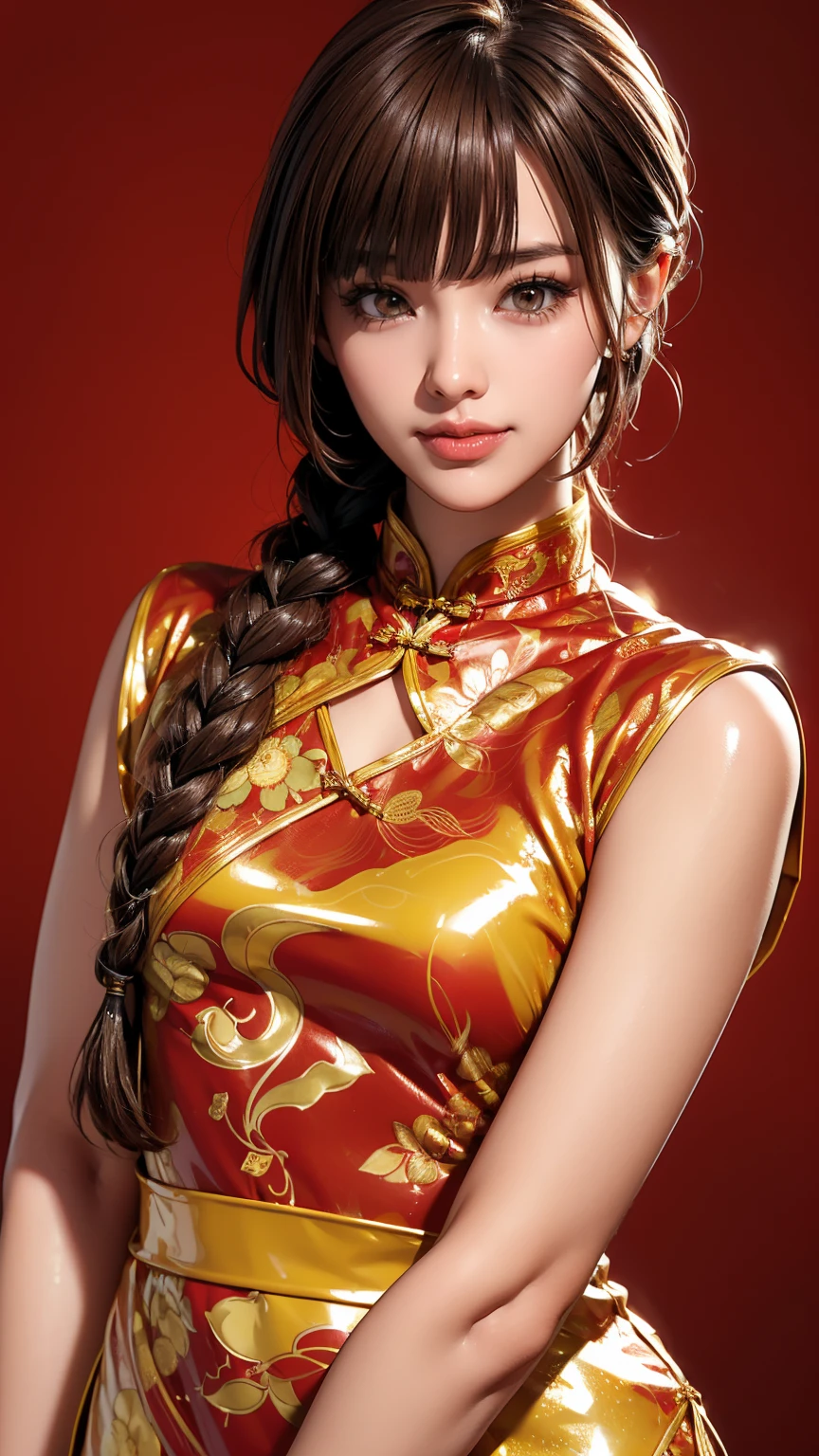 Realistic, masterpiece, Highest quality, Highest Resolution, Anatomically correct, Accurate Anatomy, 7 heads, Height: 165cm, One Japanese woman, A smiling face with some teeth showing, Staring at the audience, Fine and beautiful eyes, Sparkling eyes, Thin eyebrows, Gives lashes a delicate finish, False eyelashes, (Chinese traditional makeup:1.2), (Braided hair, Blunt bangs, Brown Hair:1.2), Detailed face, Sharp Eyes, (Classic red and gold latex cheongsam, Clothes that fit snugly to the body:1.3), Upper body photo, Background like ink painting