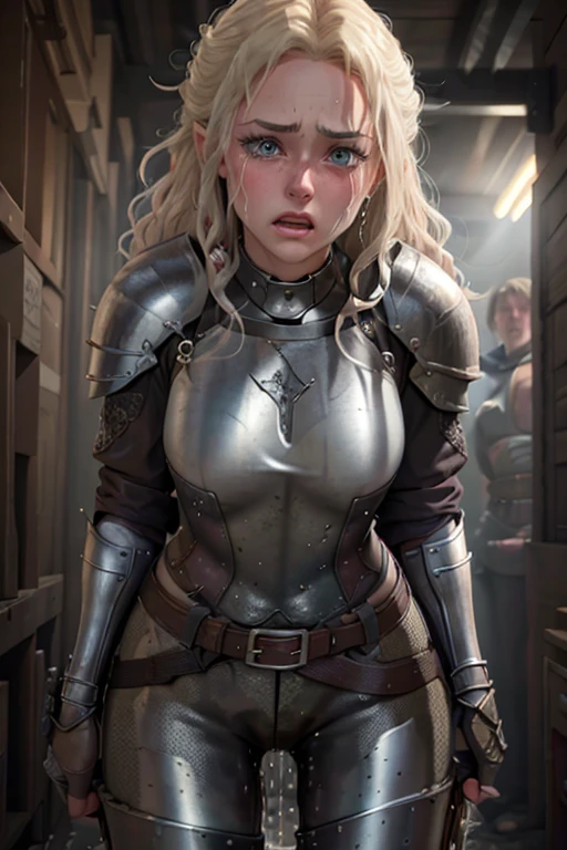 8k high resolution, best quality, dutch girl, 22 years old, short curly blonde hair, decent makeup, dungeons and dragons, white knight armor, cowardly female white knight, standing at the battlefield, scared, shocked, eyes wide open, crying in fear, tears running down her cheeks, smeared makeup, dragon in the backround, terrified, peeing her pants, pee pants accident, visible wet pants, peeing herself, cowardly, totally scared, horrified, visibly wet tight breeches, peestained pants, visibly wet fabric of her pants, unexperienced knight