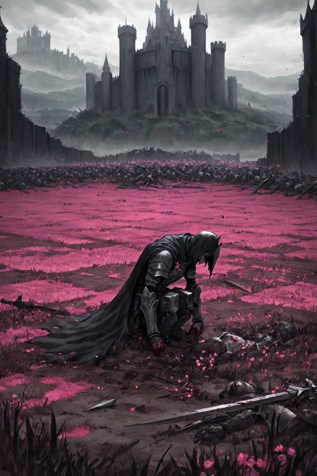 work of art, excessive brutalism, field of battle, broken weapons, fallen bodies, caped knight on his knees mourning the death of another knight, knights fallen to the ground defeated, pink flowers, (dreamy landscape), stunning landscape, castle in the background, dark scenery, bloodstains, rosas de bloodstains