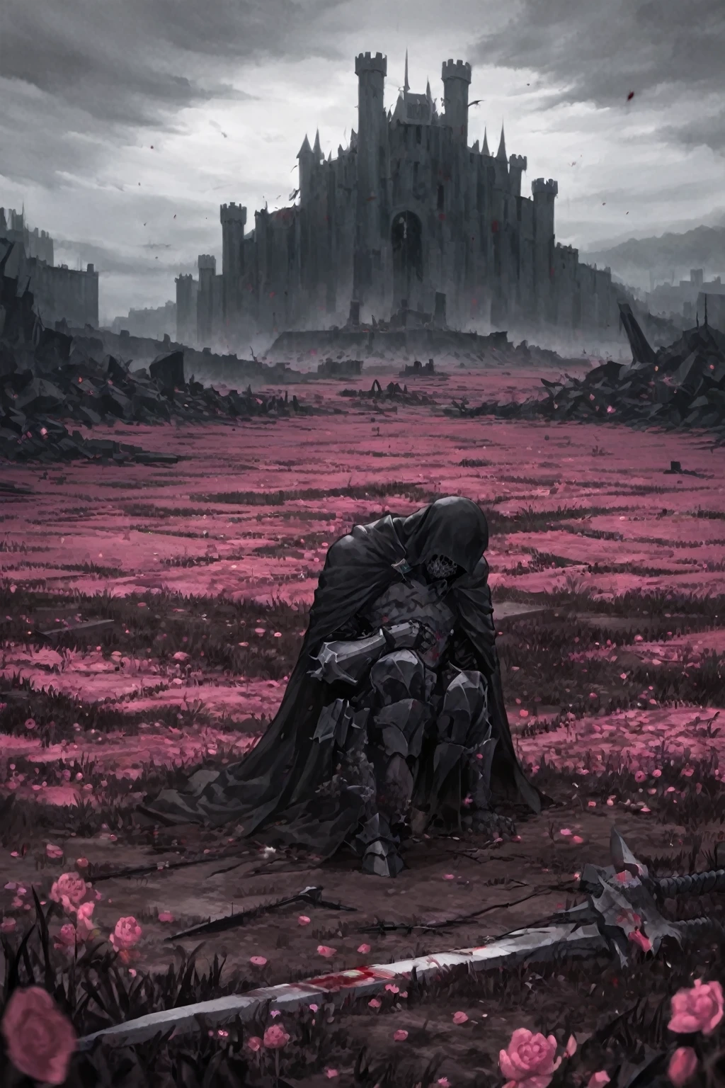 work of art, excessive brutalism, field of battle, broken weapons, fallen bodies, caped knight on his knees mourning the death of another knight, knights fallen to the ground defeated, pink flowers, (dreamy landscape), stunning landscape, castle in the background, dark scenery, bloodstains, rosas de bloodstains