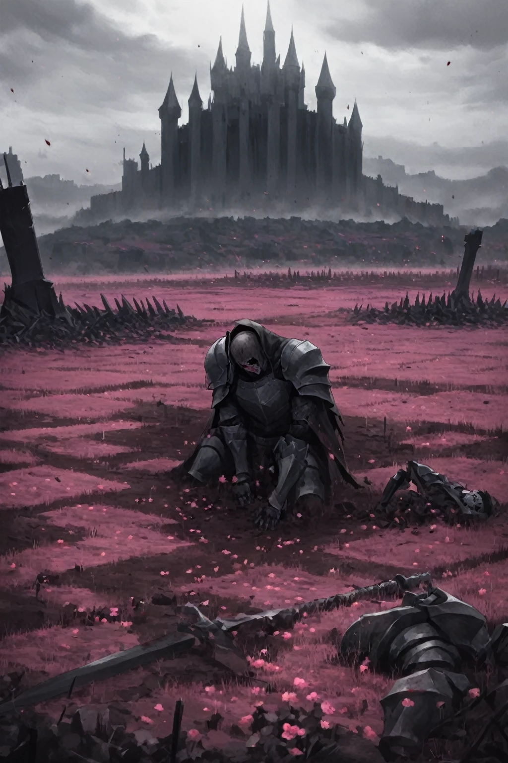 work of art, excessive brutalism, field of battle, broken weapons, fallen bodies, knight with cape shield on his knees mourning the death of another knight, knights fallen to the ground defeated, pink flowers, (dreamy landscape), stunning landscape, castle in the background, dark scenery, bloodstains, rosas de bloodstains, several corpses of fallen knights