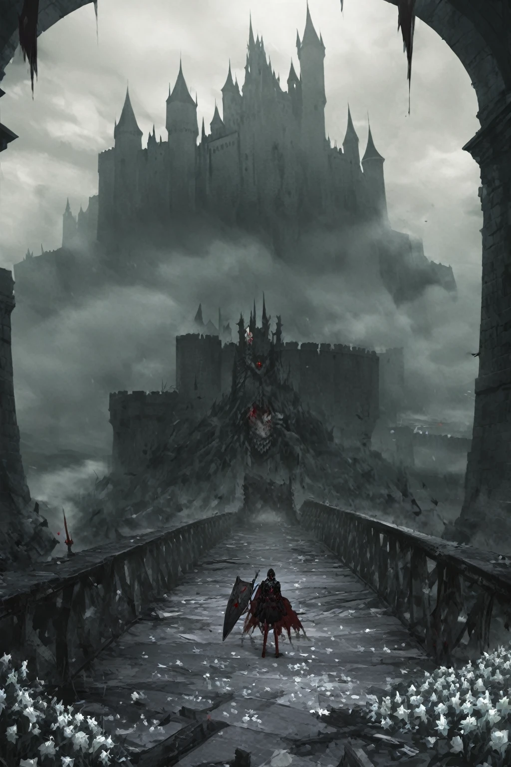 Big Wide Bridge, castle in the background, haze, brutally excessive, great knight with shield standing on top of bridge, fallen knights, corpses, karo, blood on the bridge, white flowers under the bridge, stunning landscape (dreamy landscape)