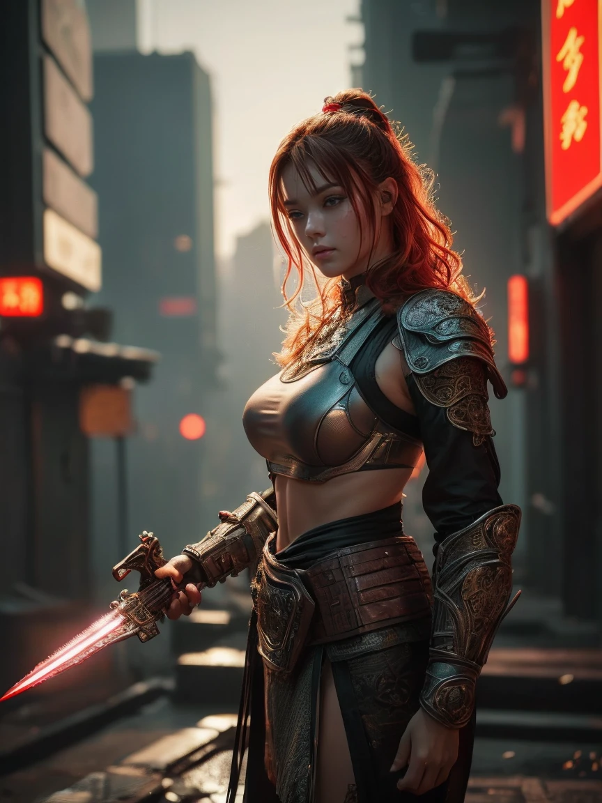 Young teenage girl, Sci-fi warrior, Looks terrible,,Fighting Stance, Holding a dagger,  Ancient Celtic Armor, Very detailed, Abandoned city in the background, Ginger Curls, Vibrant appearance, Creative Behavior, Extremely detailed, Imaginative, Sensual, Spontaneous, Highest quality, Texture, Intricate details, (Movie Lighting), original photo, 8K, masterpiece,best quality,Ultra Detailed,Very detailed的插图,Extremely detailed,Intricate details,high resolution,超级Intricate details,Extremely detailed 8K cg wallpaper,((best quality)), ((masterpiece)), (Very detailed:1.3), 3d, beautiful (Cyberpunk:1.3) Street warrior woman with thick and shapeless hair, Pistol worn on waist.China&#39;s, The female soldier stopped under the neon light，The lens is shot from the side，Her face became clearer under the light.，Blurred city silhouette in the background