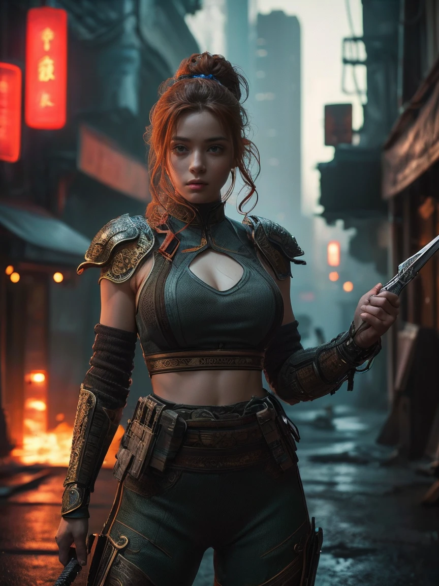 Young teenage girl, Sci-fi warrior, Looks terrible,,Fighting Stance, Holding a dagger,  Ancient Celtic Armor, Very detailed, Abandoned city in the background, Ginger Curls, Vibrant appearance, Creative Behavior, Extremely detailed, Imaginative, Sensual, Spontaneous, Highest quality, Texture, Intricate details, (Movie Lighting), original photo, 8K, masterpiece,best quality,Ultra Detailed,Very detailed的插图,Extremely detailed,Intricate details,high resolution,超级Intricate details,Extremely detailed 8K cg wallpaper,((best quality)), ((masterpiece)), (Very detailed:1.3), 3d, beautiful (Cyberpunk:1.3) Street warrior woman with thick and shapeless hair, Pistol worn on waist.China&#39;s, The female soldier stopped under the neon light，The lens is shot from the side，Her face became clearer under the light.，Blurred city silhouette in the background