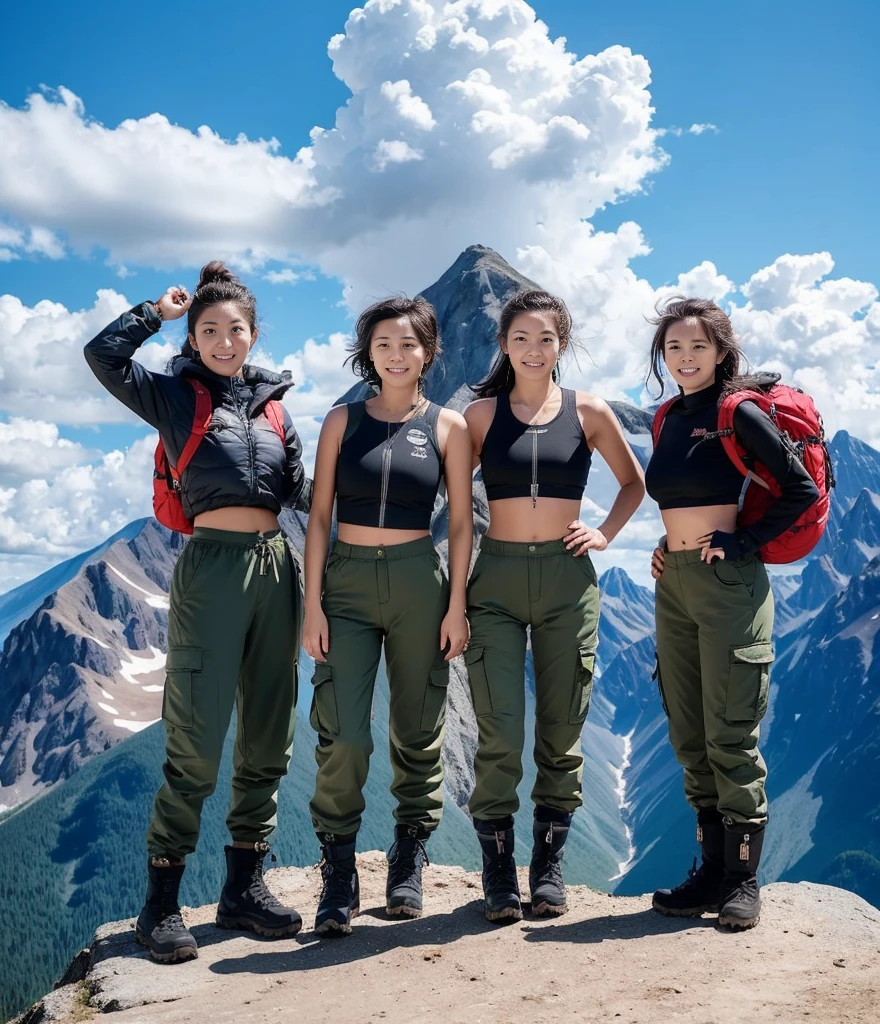 “Three female mountain climbers, dressed in crop tops, stylish cargo pants, and sturdy boots, stand triumphantly at the mountain summit. They sport mountain backpacks and enjoy the stunning sky and clouds around them.”