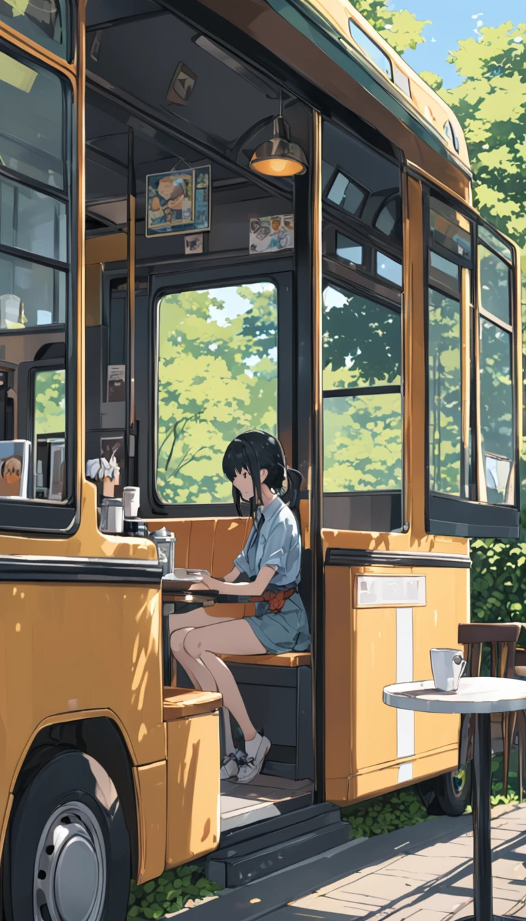 ((anime:1.4,figure)),(masterpiece, Highest quality, Highest quality),(Very detailed, The absolute solution),((16K, High resolution)), (((Cafe next to the bus))), ((anime:1.4,figure)),(masterpiece, Highest quality, Highest quality),(Very detailed, The absolute solution),((16K, High resolution)). break {Lofi Art, Laurie Griesley's style, Makoto Shinkai&#39;s Style, anime aesthetic}, break { (Generates images with over 40 million pixels of information with the detailed texture of films shot with Sony SLR cameras。).}