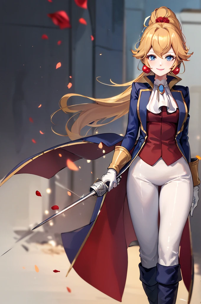 ((masterpiece,Highest quality)), Absurd, sword fighter_peach, alone, One girl, Have, Blonde, blue eyes, jewelry, Earrings, Long Hair, Rapier, Have feather, pants, Ascot, Red Rose, Have flower, ponytail, white pants, White gloves, boots, Blue jacket, Long sleeve, smile, View your viewers, Cowboy Shot,  Structure of the film,