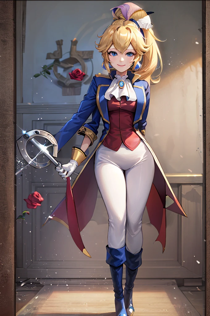 ((masterpiece,Highest quality)), Absurd, sword fighter_peach, alone, One girl, Have, Blonde, blue eyes, jewelry, Earrings, Long Hair, Rapier, Have feather, pants, Ascot, Red Rose, Have flower, ponytail, white pants, White gloves, boots, Blue jacket, Long sleeve, smile, View your viewers, Cowboy Shot,  Structure of the film,