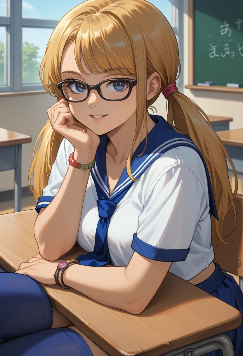 score_9, score_8_up, score_7_up, score_6_up, source_anime BREAK, RMikaSchool, low twintails, glasses, serafuku, blue tie, navel, blue skirt, blue thighhighs, multiple bracelets, breasts, tented shirt, seductive smile, classroom, sitting, chair, desk, leaning, head rest, looking at viewer, parted lips, close-up,