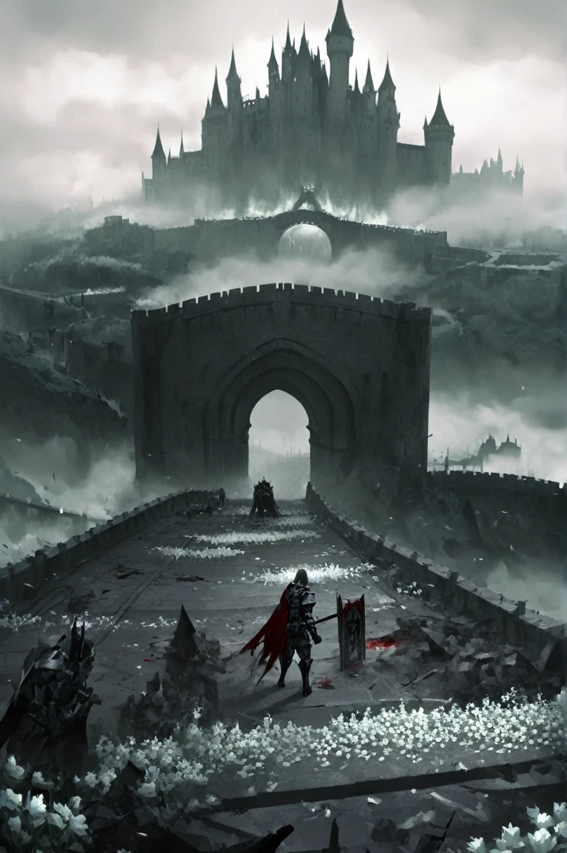 Big Wide Bridge, castle in the background, haze, brutally excessive, great knight with shield standing on top of bridge, fallen knights, corpses, karo, blood on the bridge, white flowers under the bridge, stunning landscape (dreamy landscape)