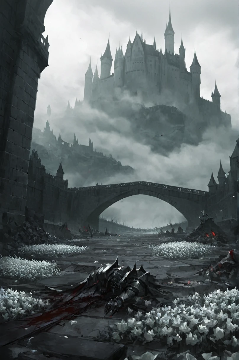 Big Wide Bridge, castle in the background, haze, brutally excessive, great knight with great shield, fallen knights, corpses, karo, blood on the bridge, white flowers under the bridge, stunning landscape (dreamy landscape)