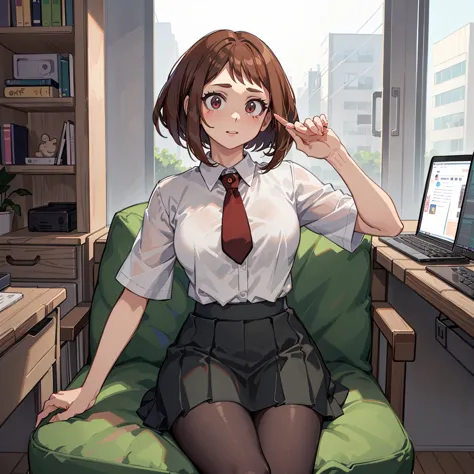 ((uraraka ochako)), ​masterpiece, sitting, office background, minimalist art, detailded, meticulous art, no defects, character f...