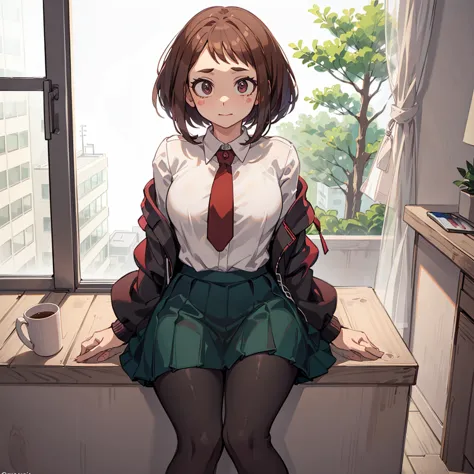 ((uraraka ochako)), ​masterpiece, sitting, office background, minimalist art, detailded, meticulous art, no defects, character f...