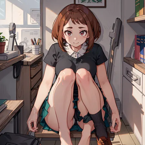 ((uraraka ochako)), ​masterpiece, sitting, office background, minimalist art, detailded, meticulous art, no defects, character f...