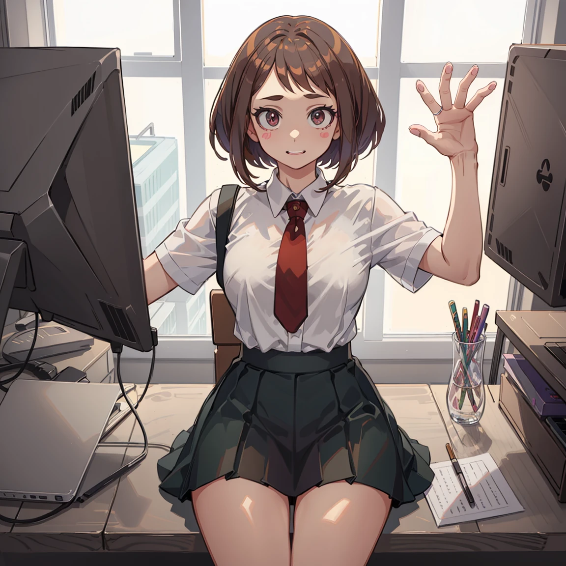 ((Uraraka Ochako)), ​masterpiece, sitting, office background, minimalist art, detailded, meticulous art, No defects, character focus, cenário detailded, body providing, beautiful  face, Body cute, animated cartoon, arte anime, perfect art, perfectionism, (1 girl), (standing alone), (((Maximum quality))), (adult  woman), ((secretary clothes)) social shirt, short black skirt, sitting em uma cadeira de escritório,, seducing, sexly, nice legs, legs showing, ((legs showing))