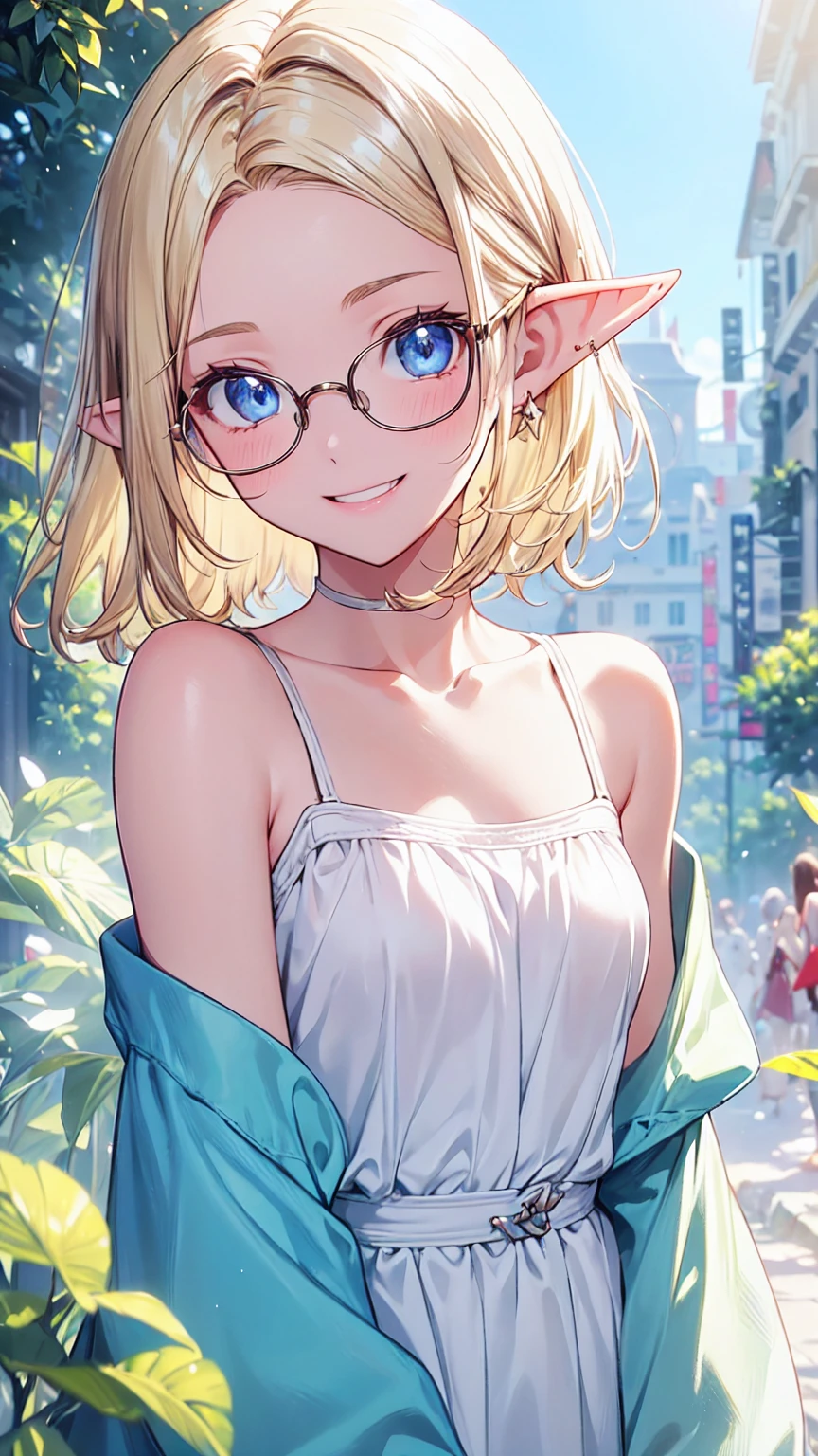 Very close、((Focus on the upper body))、16K、masterpiece、High resolution、High resolution、((1 young elven woman))、((Beautiful white skin))、((Beautiful blonde、Wide forehead visible、Glasses))、((Small breasts))、short hair、((Beautiful Blue Eyes))、((Pointed Ears))、Smiling Kindly、Grin、blush、Glowing Skin、((Neat summer clothes))、((In a crowded city))、Courting me