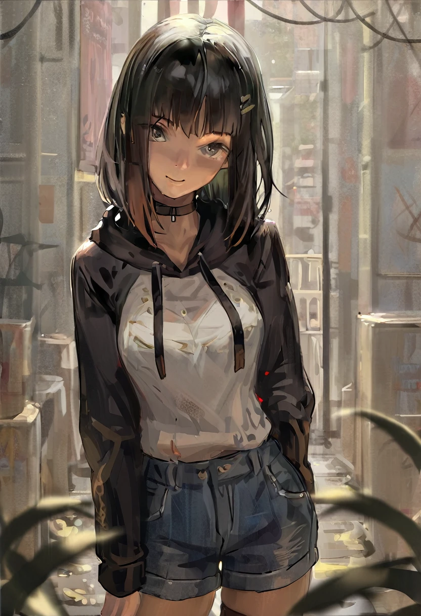 masterpiece, best quality, high quality, hyperdetailedanime painting, anime painting, painterly, realistic painting, soft features, detailed clothes, detailed, rembrandt lighting, solo, masterpiece, best quality, high quality, detailed anime painting, realistic, dramatic lighting, depth of field, guweiz, h3l3n, 1girl, hime cut black hair, grey eyes, neutral expresion, long sleeves, medium breasts, hoodie and jeans, smile, solo, upper body, white shirt, outdoors, black choker, chain-link fence, thighhighs, beautiful color, (amazing quality:1.5),
