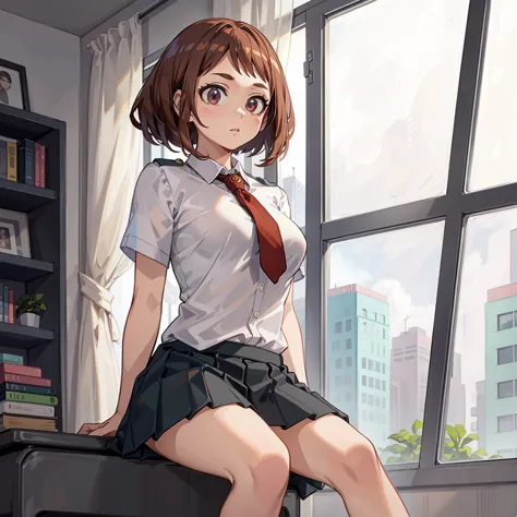 ((uraraka ochako)), ​masterpiece, sitting, office background, minimalist art, detailded, meticulous art, no defects, character f...