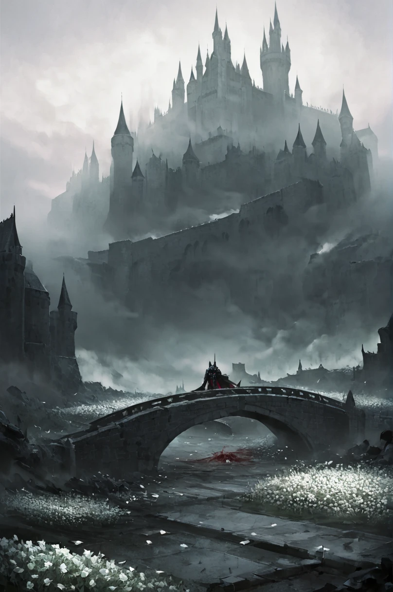 Big Wide Bridge, castle in the background, haze, brutally excessive, great knight with great shield, fallen knights, corpses, karo, blood on the bridge, white flowers under the bridge, stunning landscape (dreamy landscape)