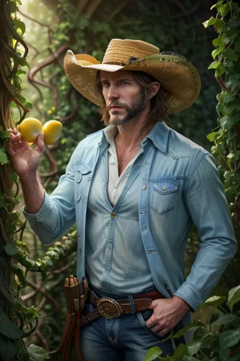 1 male, plant person, dryad, lemon, lemon head, vines, vine body, cowboy, cowboy hat,(best quality,8k,hyperrealistic,masterpiece...