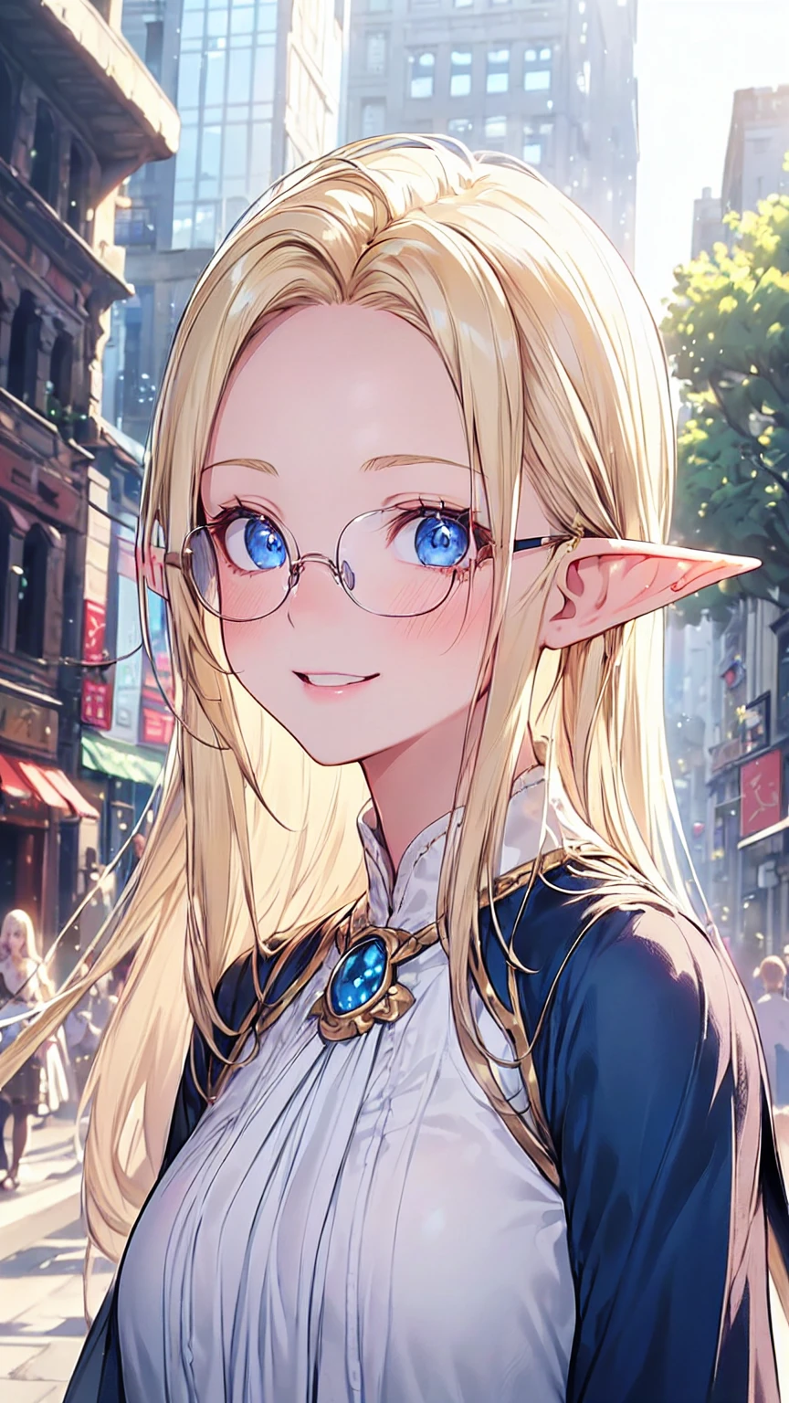 Very close、((Focus on the upper body))、16K、masterpiece、High resolution、High resolution、((1 young elven woman))、((Beautiful white skin))、((Beautiful blonde、Wide forehead visible、Glasses))、short hair、((Beautiful Blue Eyes))、((Pointed Ears))、Smiling Kindly、blush、((Formal wear))、((In a crowded city))、Courting me